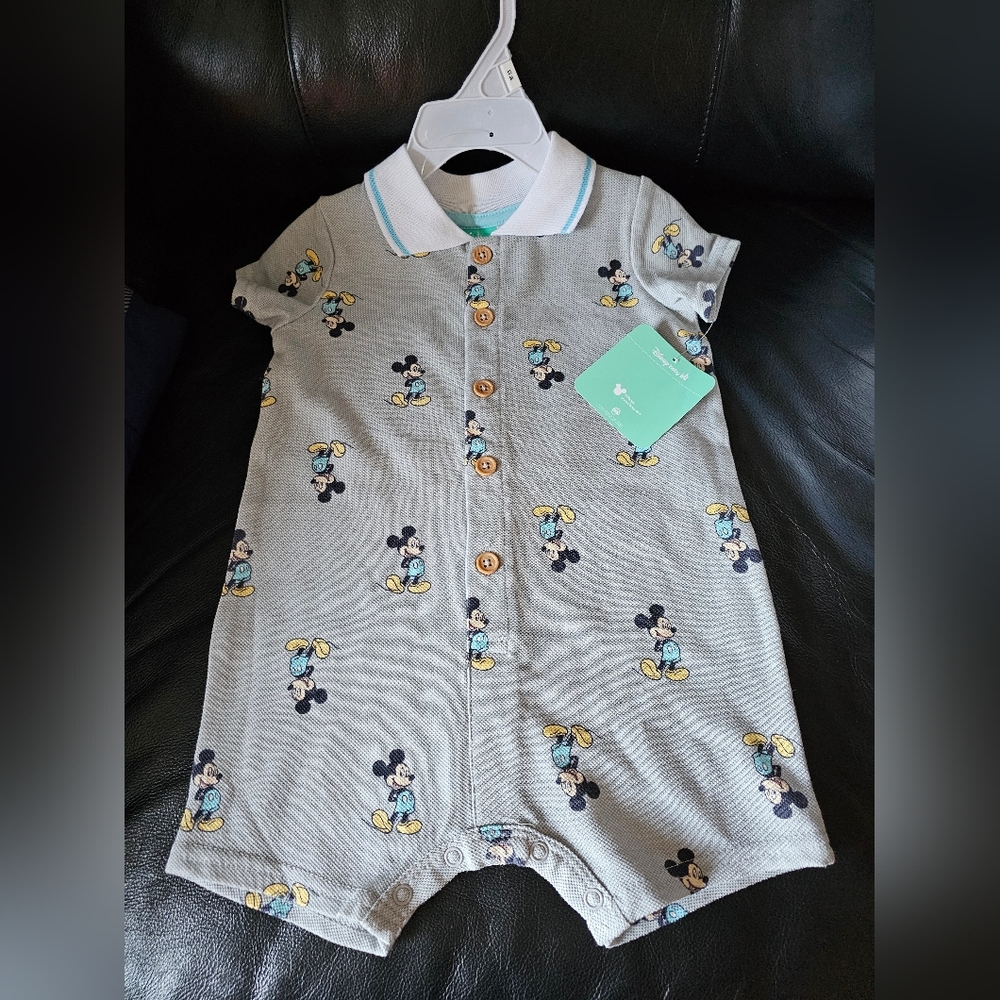 NWT Disney Baby 1 piece shorts romper with Mickey Mouse-light gray and blue 12M